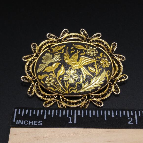 Vintage Spanish Damascene Brooch, Gold Inlay Bird Flower Pin, Filigree Frame - Picture 7 of 10